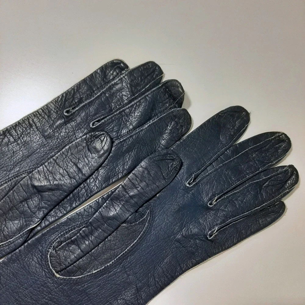 Vintage Kislav Kid Leather Navy Gloves Made in France Sz 7 Opera Length '50's